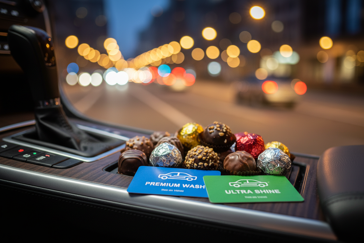 Chocolates and two wash cards arranged on car center console with soft bokeh lights