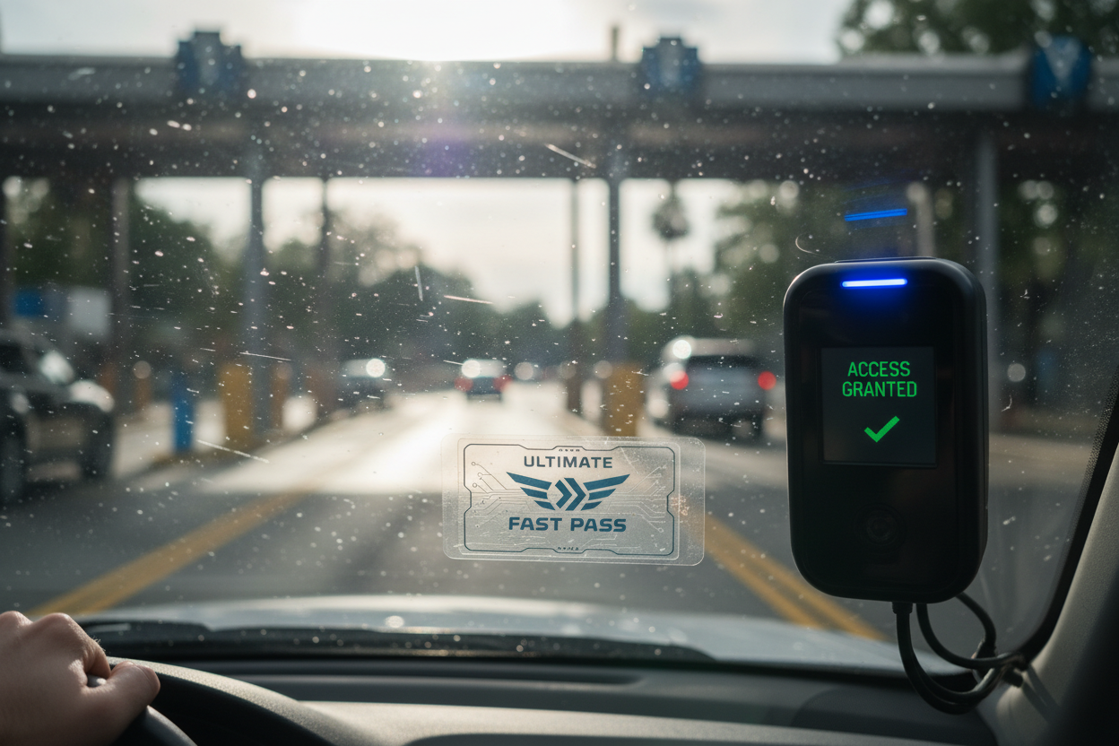 Close-up of Ultimate Fast Pass RFID tag on windshield being scanned at entry lane
