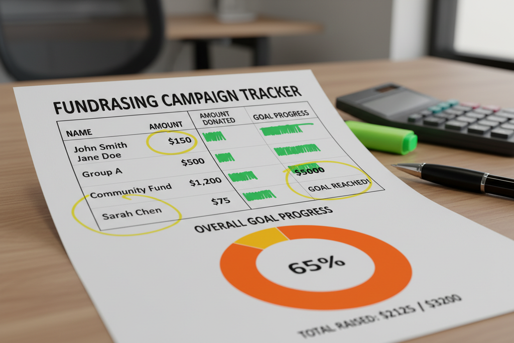Fundraising tracking sheet with names, amounts, and goal progress highlighted