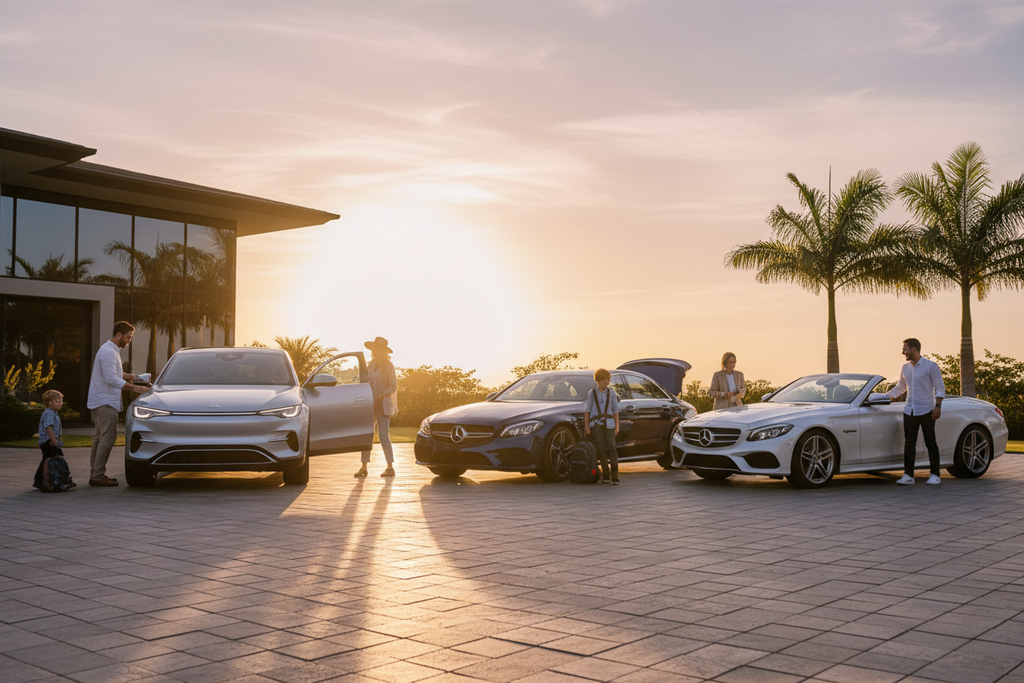 Parents and kids stepping into three clean cars in driveway at sunset