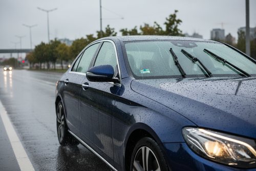 Sedan driving in light rain with water beading and rolling off windshield after treatment