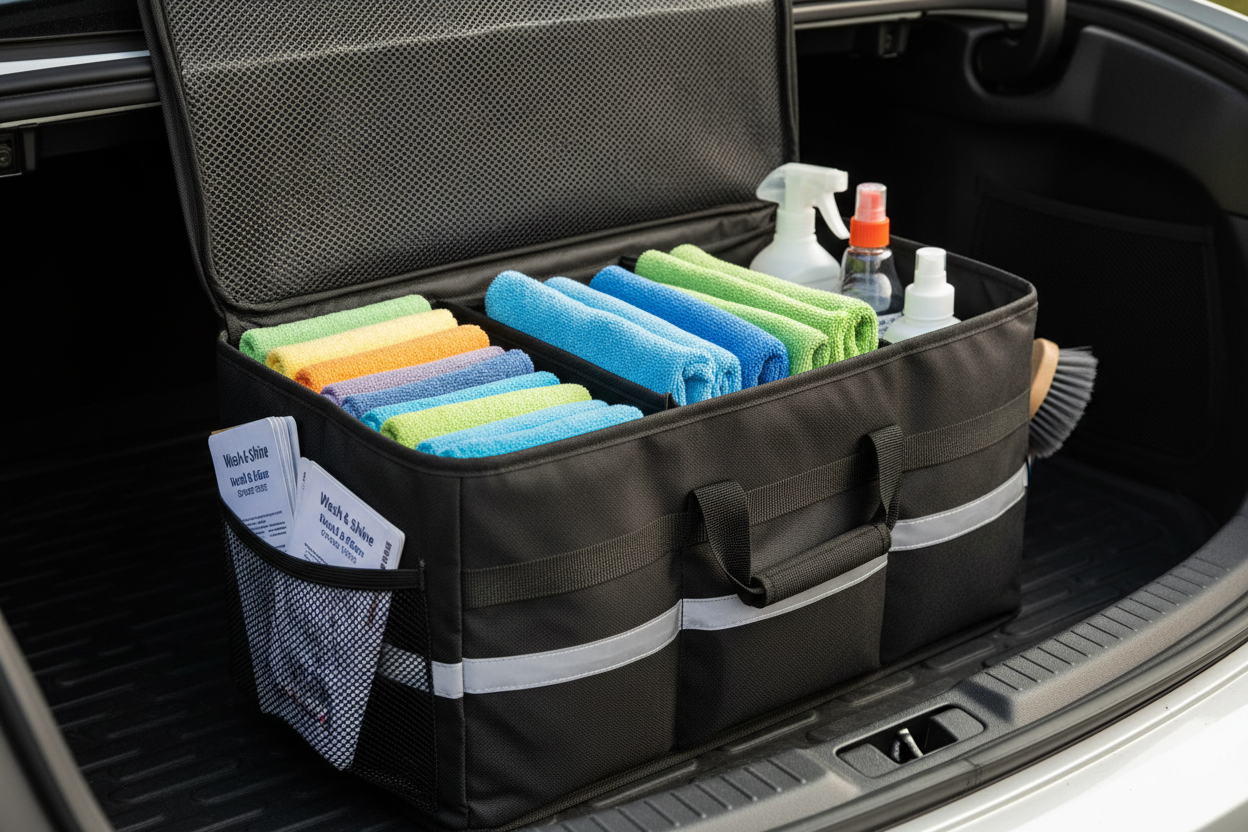 Foldable trunk organizer filled with cleaning towel and car wash tickets