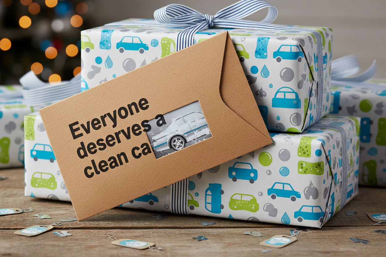 Gift sleeve with Everyone deserves a clean car text resting on wrapped presents