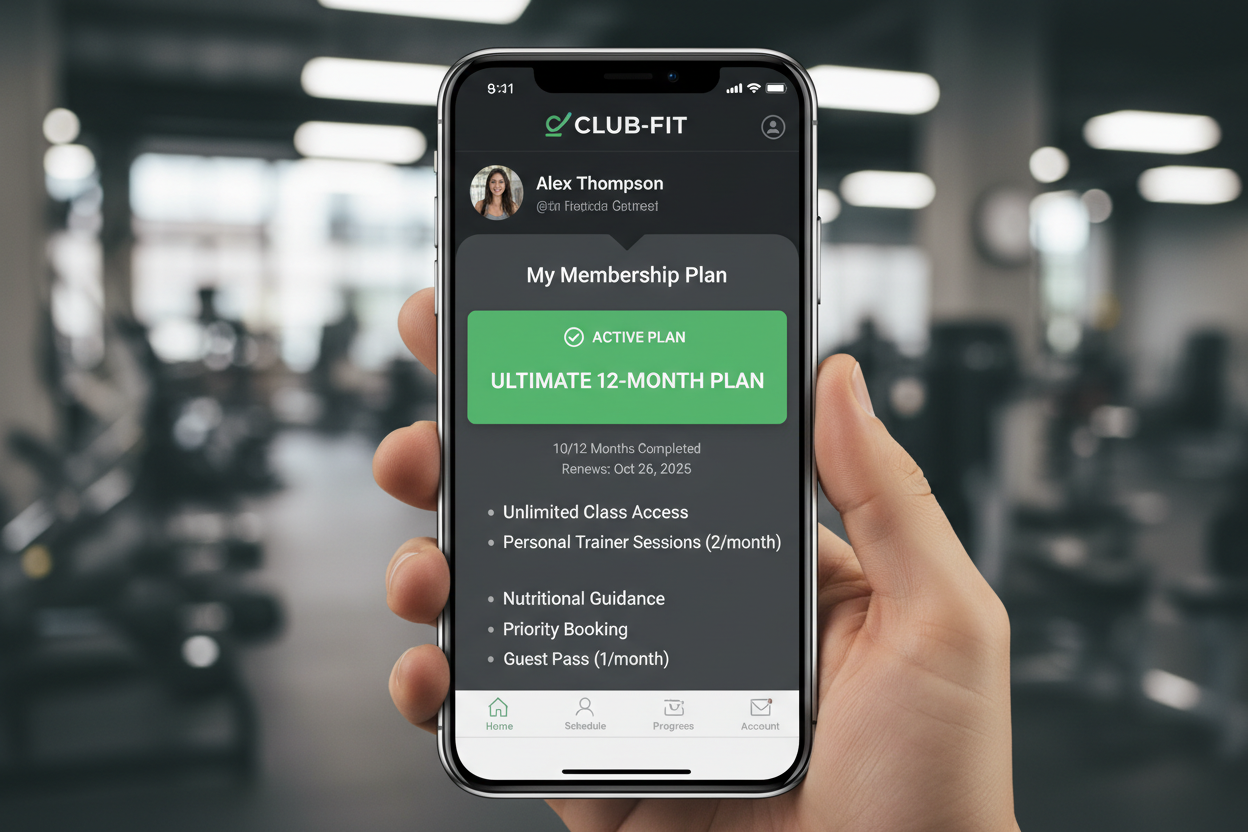 Membership portal screenshot on smartphone showing active 12-month Ultimate plan status