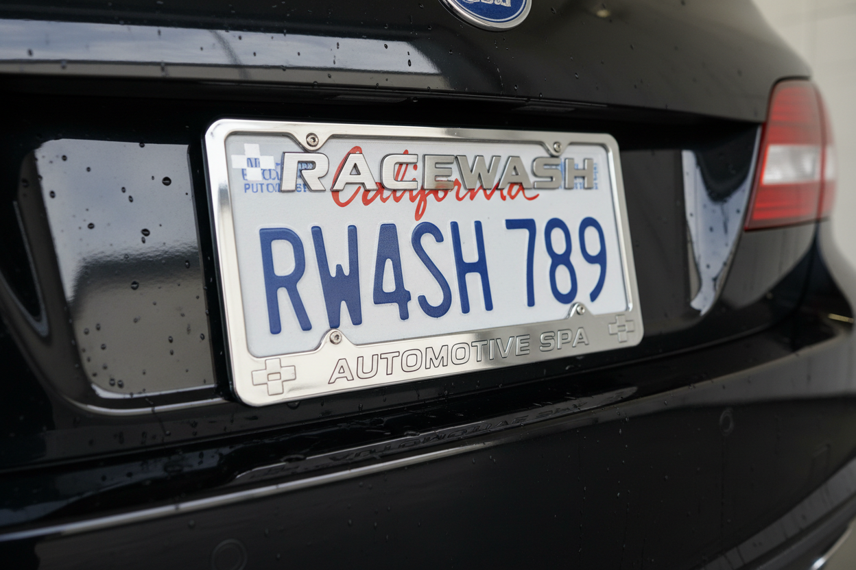 Close-up of RaceWash style license plate frame on clean rear bumper