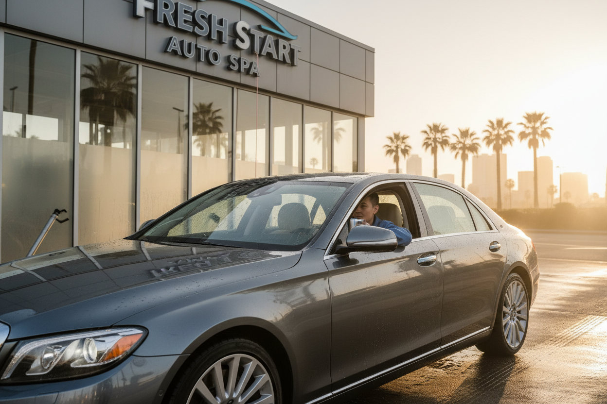 Clean sedan in early morning light exiting car wash, driver holding travel mug