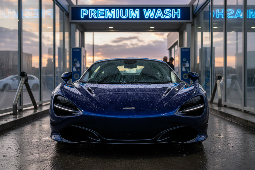 Shiny car leaving car wash under Premium Wash sign with water beading on hood
