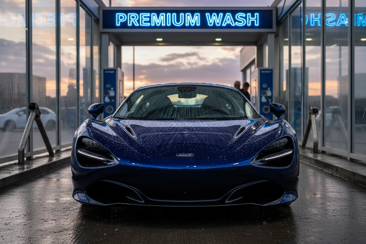 Shiny car leaving car wash under Premium Wash sign with water beading on hood