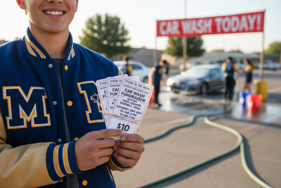 Stack of car wash fundraiser tickets held by student in team jacket near car wash