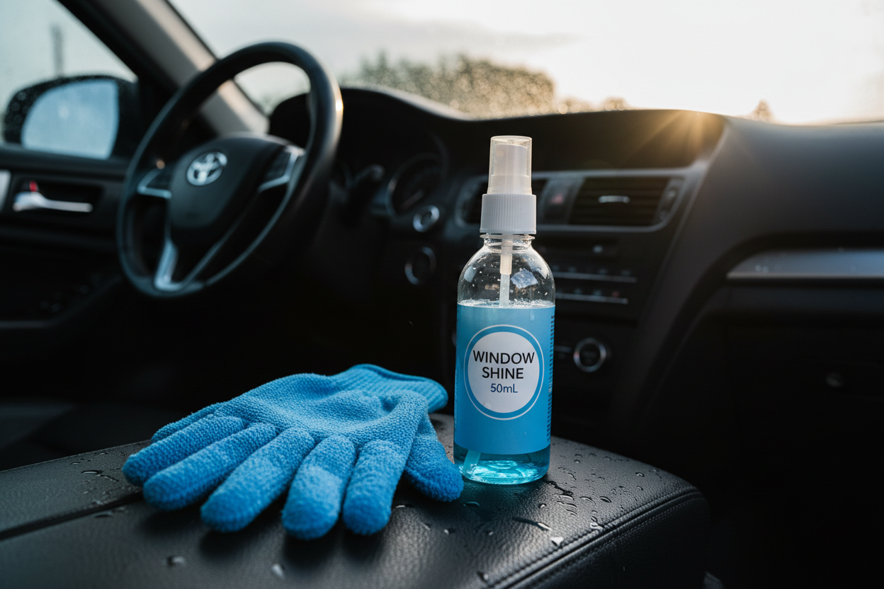 Microfiber cleaning glove and mini glass cleaner bottle on car seat after wash