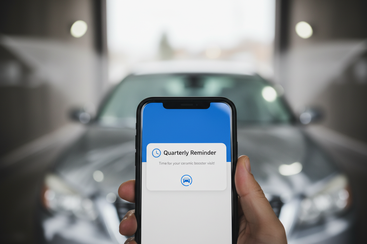 Quarterly reminder notification on phone reading Time for your ceramic booster visit with car wash background