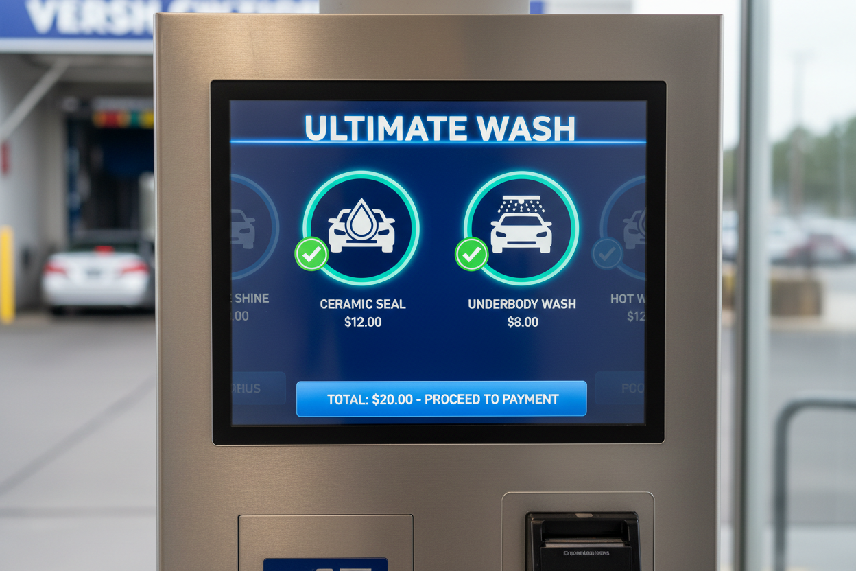 Ultimate wash screen on kiosk showing ceramic seal and underbody options selected