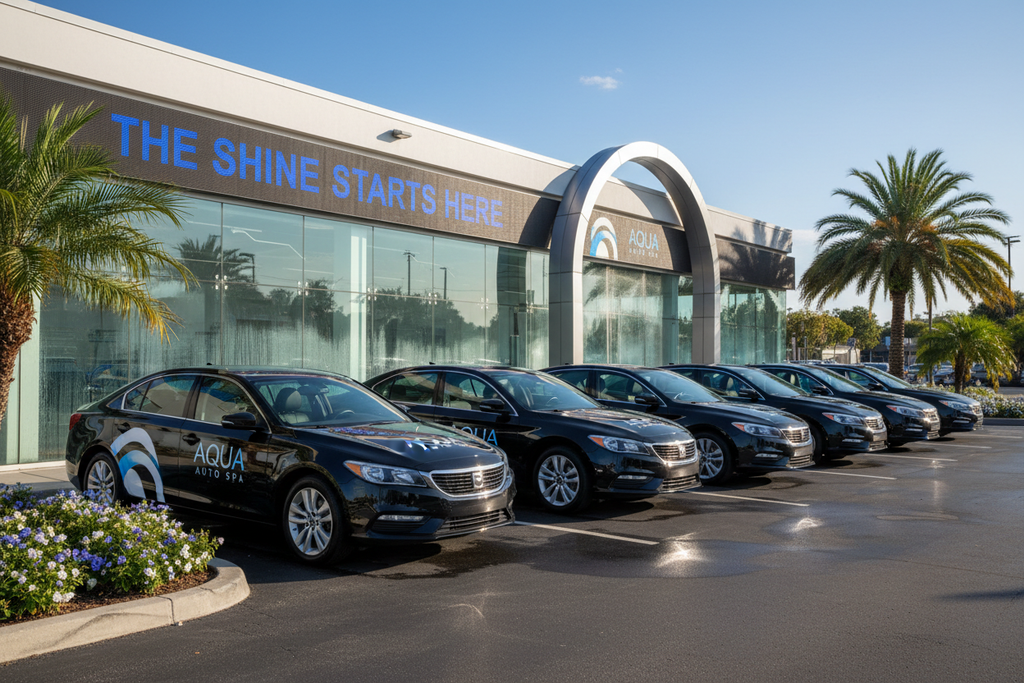 Row of clean branded company cars parked in front of car wash location